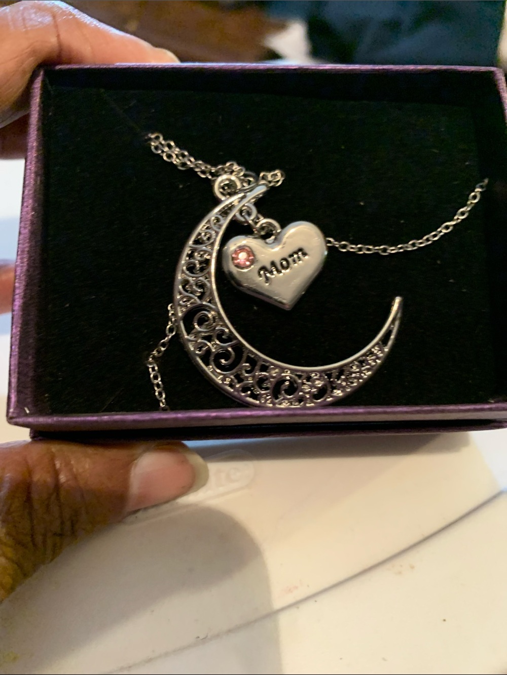 Silver Filigree Crescent Moon Necklace with Pink-Accented 'Mom' Heart